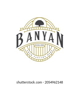 banyan tree logo vintage vector illustration template icon design with retro style typography concept