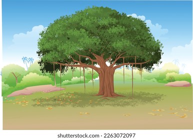 Banyan tree with multiple branches and leaf's(leaves)dence,havey,bulky svg