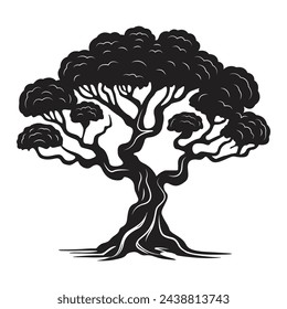 Banyan tree silhouette vector isolated on white.