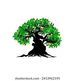 Ilustración vectorial de árbol de Banyan. raíces de banyan tree.