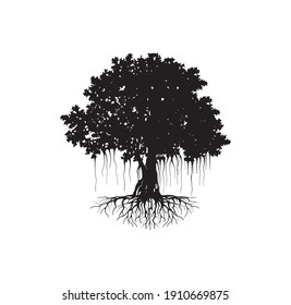 Banyan tree vector silhouette with black on white