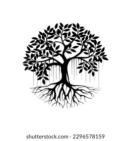 Banyan tree vector silhouette, black and white colors svg