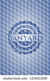 Banyard blue emblem with geometric pattern background.
