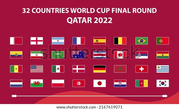 BANYUMAS, INDONESIA - JUNE\
15, 2022: FIFA World Cup. World Cup 2022. Match schedule template.\
Football results table, flags of world countries. Vector\
illustration