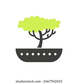 Banzai tree growing in flat pot in home garden, black and green line icon vector illustration
