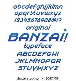 Banzai typeface alphabet font. Custom italic letters. Blue gradient color letters, numbers and symbols. Flat calligraphic feather style. Vector sans-serif alphabet