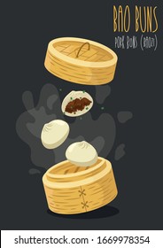 Bao Buns (Baozi). Chinesisch gedünstete Schweinebonnen. Vektorillustration