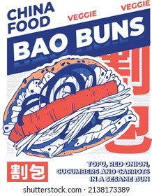 bao buns with tofu, cucumber, onion, carrot and lettuce leaves on a sesame bun. Translation: 割包 - Gua bao