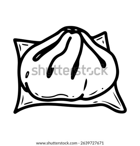 Bao dumpling on a napkin. Hand drawn doodle vector. Traditional Asian food. Baozi. Dough with meat or vegetable filling. Restaurant menu. Illustration line art element.