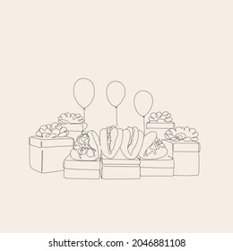 Bao - steamed pie with meat filling and fresh vegetables holiday Line art Bao steamed pie