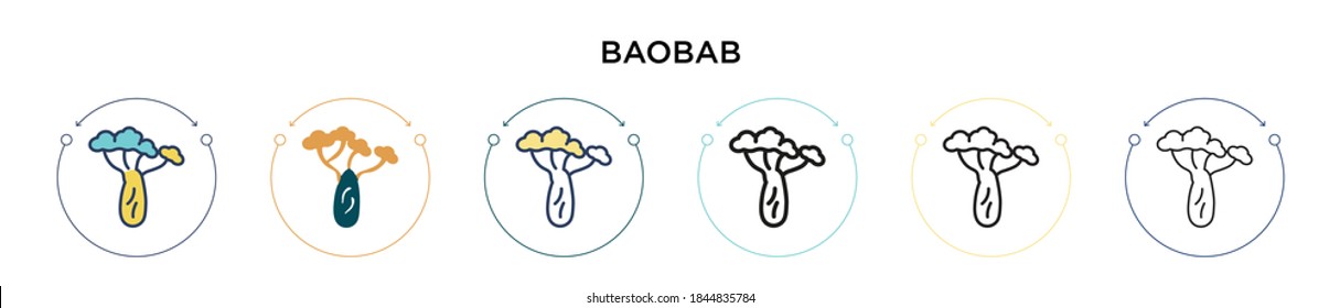 Baobab icon in filled, thin line, outline and stroke style. Vector illustration of two colored and black baobab vector icons designs can be used for mobile, ui, web