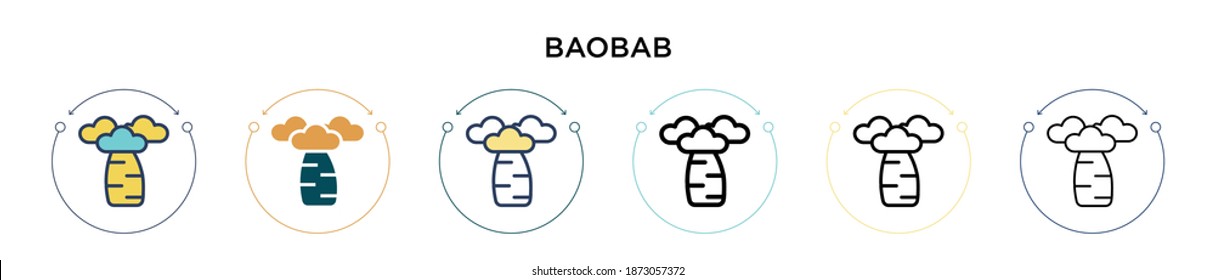 Baobab icon in filled, thin line, outline and stroke style. Vector illustration of two colored and black baobab vector icons designs can be used for mobile, ui, web