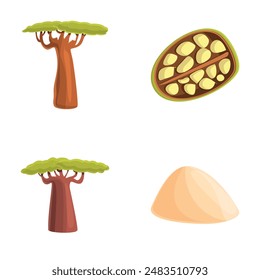 Baobab icons set cartoon vector. African baobab tree and fruit with seed. Powerful tree, exotic plant