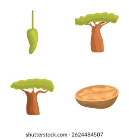 Baobab plant icons set cartoon vector. African baobab tree and fruit with seed. Powerful tree, exotic plant