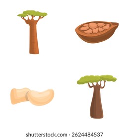 Baobab seed icons set cartoon vector. African baobab tree and fruit with seed. Powerful tree, exotic plant