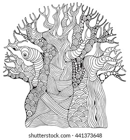 Baobab tree. African tree. Coloring book page for adult and children. Zentangle style. Black and white, monochrome illustration. svg