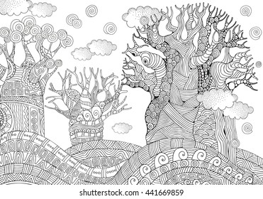 Baobab tree. African tree. Coloring book page for adult and children. Zentangle style. Black and white, monochrome illustration. A4 size. Vector.