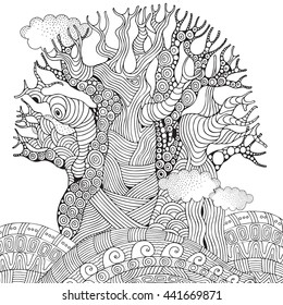 Baobab tree. African tree. Coloring book page for adult and children. Zentangle style. Black and white, monochrome illustration. Vector.