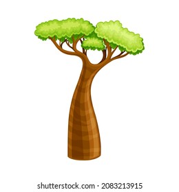 Baobab tree with green foliage, African continent symbol cartoon vector illustration