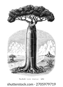 Arte de Clip blanco y negro del estilo del grabado del dibujo de la mano del árbol de Baobab