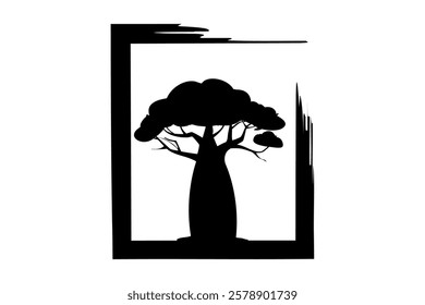 Baobab tree icon silhouette. African logo, Nature, exotic plant for printing, design or digital art. Black symbol isolated on white background