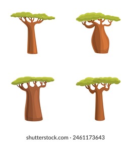 Baobab tree icons set cartoon vector. Green african baobab tree. Nature, exotic plant