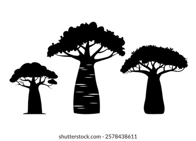 Baobab tree icons set vector silhouette. Nature, exotic plant, African trees for printing, logo design or digital art. Isolated on white background 