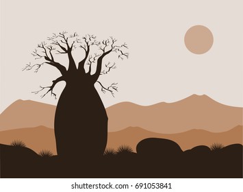 Baobab tree landscape with mountains background. Baobab silhouette. African sunrise