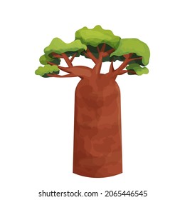 Baobab tree or monkey bread tree African in cartoon style isolated on white background. Savannah jungle forest object. . Vector illustration
