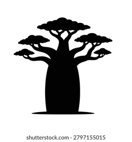 Baobab Tree Silhouette Vector Icon Isolated on White Background, African Tree Symbol Flat Black Design