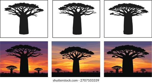 Baobab tree silhouette vector set with colorful sunset backgrounds, African landscape illustration, nature design elements, exotic wilderness graphic collection for projects