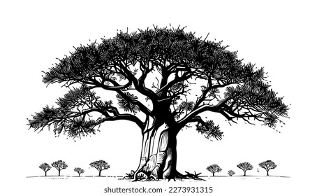 Baobab tree vector black line illustration isolated white. Sketch art svg