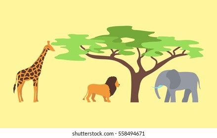 Baobab tree and wild animals isolated on white vector illustration.
