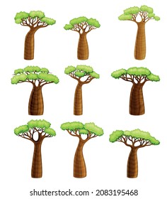 Baobab Trees Set. African Continent Symbols. Powerful Plants With Green Foliage Cartoon Vector Illustration