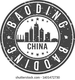 Baoding China Skyline. Round Postmark Icon City Design. Vector Landmark Travel Seal.