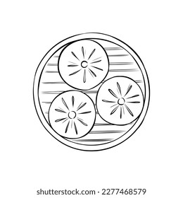 Baozi Chinese dumplings served in bamboo steamer basket. Line art vector illustration, top view. Isolated hand-drawn sketch for menu, recipe, or advertising. Asian traditional food.