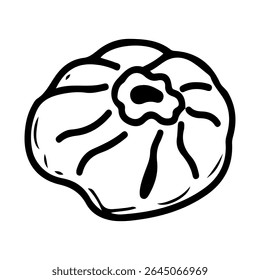 Baozi dumpling. Hand drawn doodle vector. Traditional Asian food. Bao pie. Dough with meat or vegetable filling. Restaurant menu. Illustration line art element.