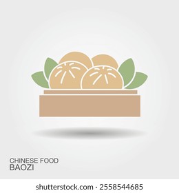 Baozi dumpling line icon. Dim sum food element, bao bun. Traditional Chinese, Taiwan cuisine mascot, dumpling with dough and minced meat of round shape. Flat icon with shadow