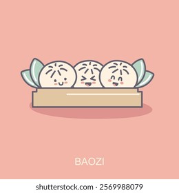 Baozi dumpling line icon. Dim sum food element, bao bun. Traditional Chinese, Taiwan cuisine mascot, dumpling with dough and minced meat of round shape. Flat icon in kawaii style