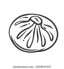 Baozi dumpling line icon. Outline hand drawn Dim sum food element, bao bun. Traditional Chinese, Taiwan cuisine mascot, dumpling with dough and minced meat of round shape icon vector illustration