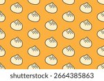 Baozi dumpling seamless pattern on yellow background. Steamed bun Asian food colorful doodle pattern background. Xiao long bao Chinese snack isolated motif wallpaper. foods packaging and merchandise