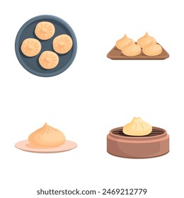 Baozi icons set cartoon vector. Baozi with bamboo steamer basket. Asian food