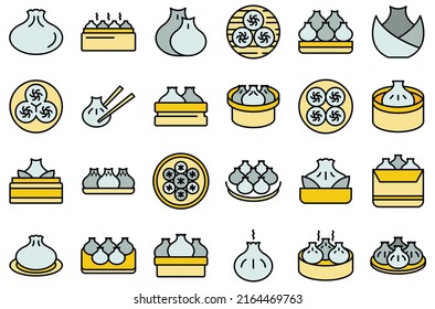 Baozi icons set outline vector. Asia appetizer. Bun china thin line color flat on white