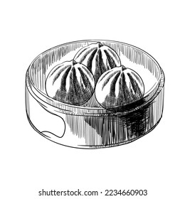 Baozi Mantou Momo Khinkali. Asian traditional food dumplings in bamboo steamer. Vector icon with chinese food steamed dumplings or buns. Black and white graphics.