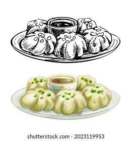 Baozi with sauce on plate. Vintage vector hatching color hand drawn illustration isolated on white background