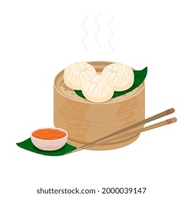 Baozi steamed chinese buns . Momo dumplings in a bamboo wooden steamer basket. Vector illustration of bao zi buns with sticks and chutney sauce. Icon isolated on white.