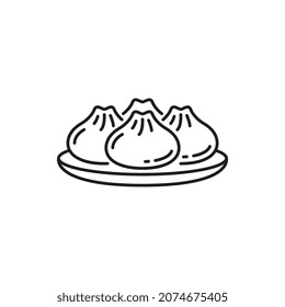 Baozi traditional chinese food on plate isolated thin line icon. Vector bao yeast-leavened filled bun, China cuisine food. Asian bakery with fillings, steamed buns. Japanese lunch or dinner bau