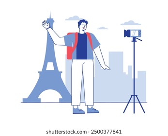 Bapckaper man on vacation, recording with camera for trip content. Character design. Vector flat illustration