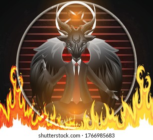 Baphomet Businessman Mascot   Cartoon Character In Suit With Flames Isolated On Gradient Fire Background. Pointing Hand. Vector EPS 10 Flyer Or Banner For Tattoos, Posters, Printing On T-shirts.