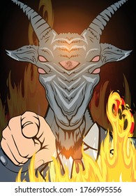 Baphomet Businessman  Mascot Cartoon Character In Suit With Flames, Pointing. Vector EPS 10 Isolated On Gradient Fire Background For Tattoos, Posters, Printing On T-shirts.